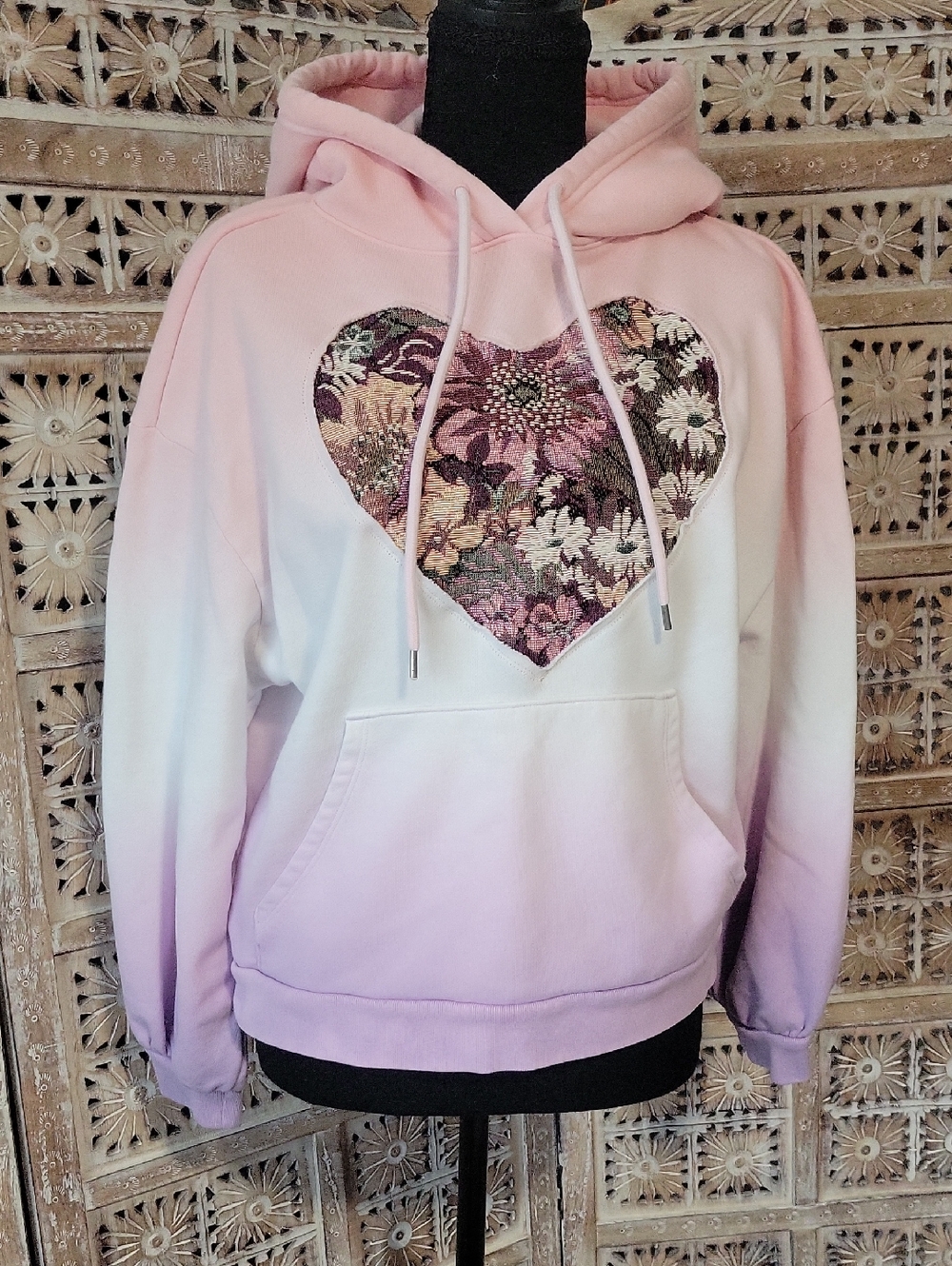 GAP Pink Ombre Hoodie with Floral Tapestry Heart Patch LP